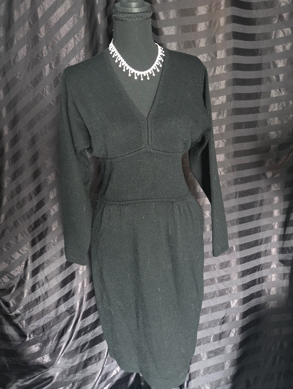 St John Vintage Black V-Neck Knit Women's Dress